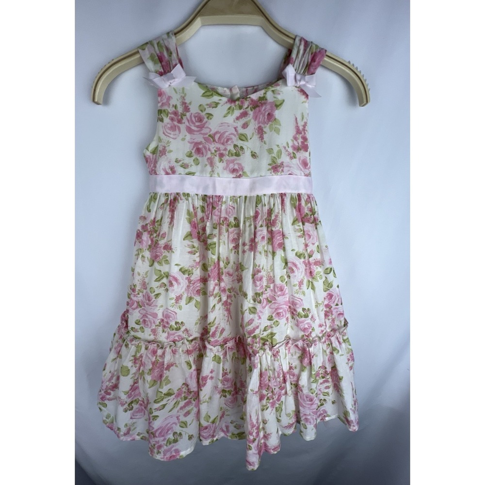 Heirlooms Polly Flinders Girls 4T  Cotton Silk Floral Dress Pink Bow Tulle Lined